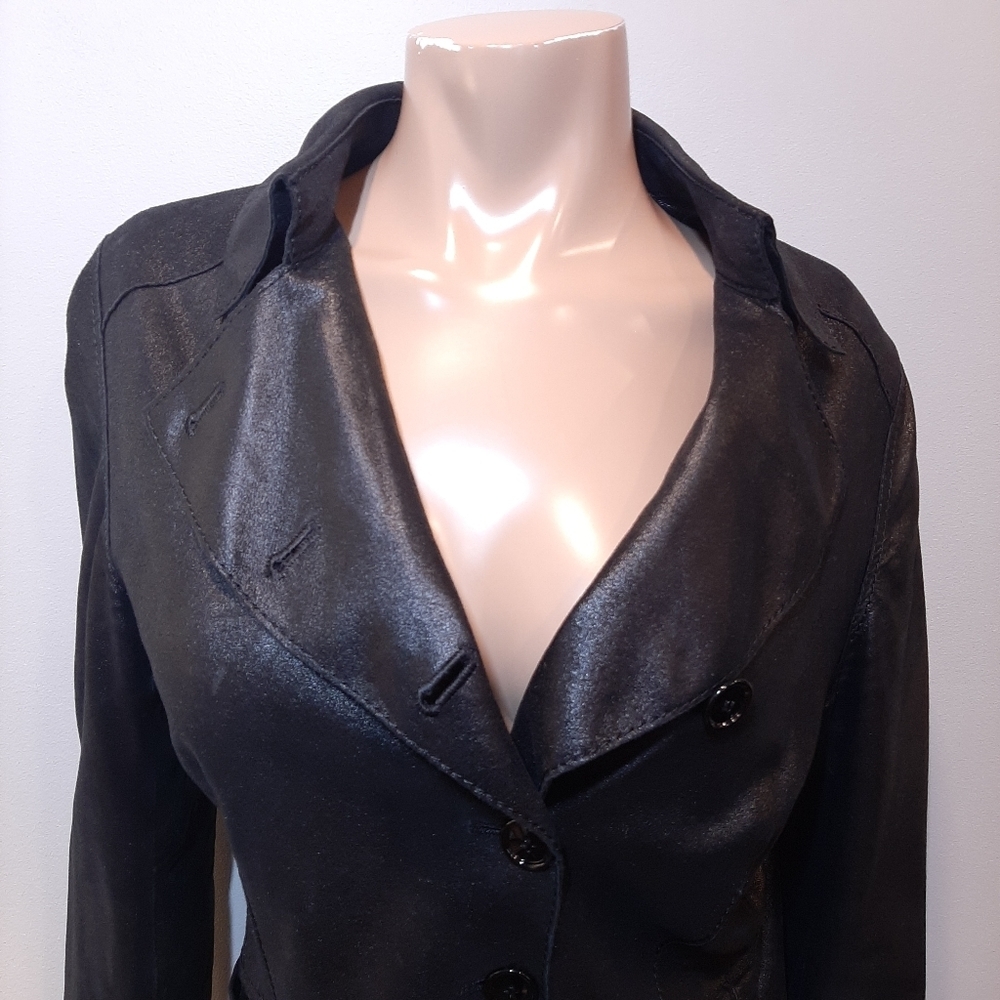 Anne Klein Coated Geniune Leather Jacket Moto Style Single Breasted Black Medium - Picture 4 of 15